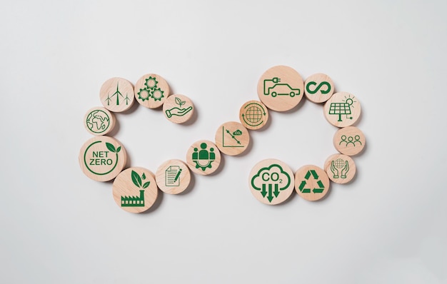 Photo forme à l'infini en bois avec icônes d'environnement d'économie circulaire sur fond blanc pour une croissance future des investissements durables et réduire le concept de pollution de l'environnement