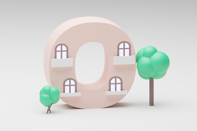 Forme de lettres de l'alphabet 3d faite de petite maison sur fond gris lettre de rendu 3d O
