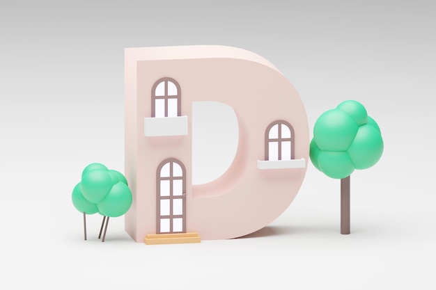 Forme de lettres de l'alphabet 3d faite de petite maison sur fond gris lettre de rendu 3d D