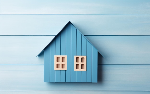 Forme de maison fabriquée à partir de papier bleu sur fond de bois bleu