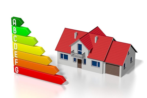 Forme de la maison et graphique d'efficacité de la consommation d'énergie Illustration 3D