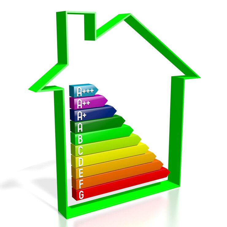 Photo forme de la maison et tableau d'évaluation de l'efficacité de la consommation d'énergie illustration 3d