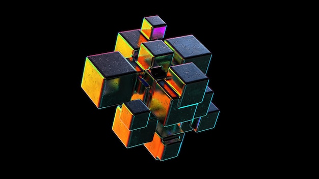 Forme métallique abstraite avec rendu 3d de reflets colorés