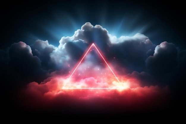 Forme de triangle au néon brillant abstrait et fond de nuage