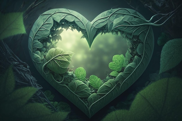 Formes de coeur vert avec feuille sur fond de forêt verte Generative AI