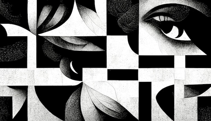Photo formes dynamiques abstraites modernes fond noir et blanc avec texture de papier granuleux art numérique