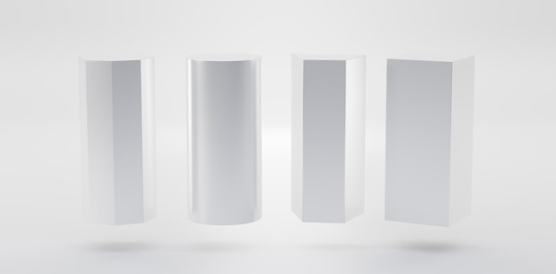 Formes géométriques brillantes blanches 3d set rectangle trapèze cylindre et octogone Socles ou podiums vides scènes de musée expositions présentoirs vierges ou piliers isolés sur fond blanc