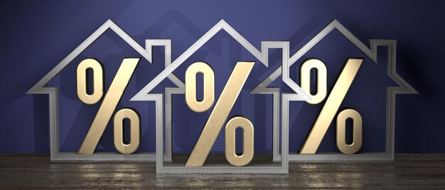 Formes de maison et signes de pourcentage concept d'hypothèque rendu 3D