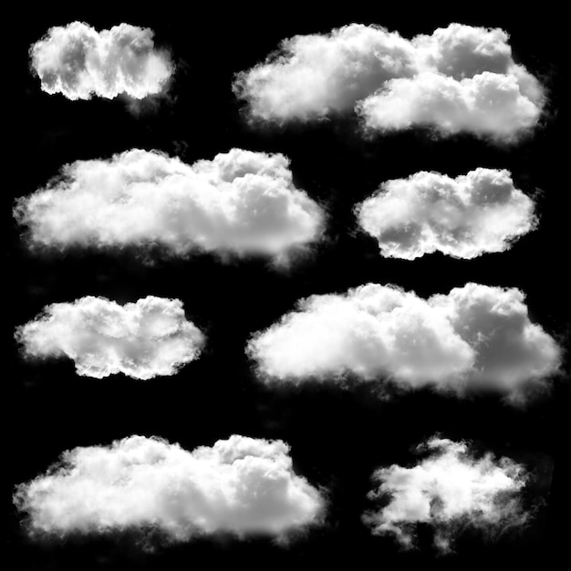 Formes de nuages blancs isolés sur fond noir