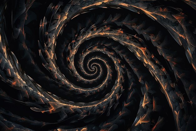 Des formes sombres et abstraites de spirales, de tourbillons et de vortex.