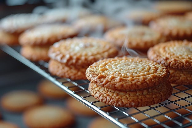 Des formes et des tailles variées de biscuits fraîchement cuits disposés sur une grille de refroidissement en fil