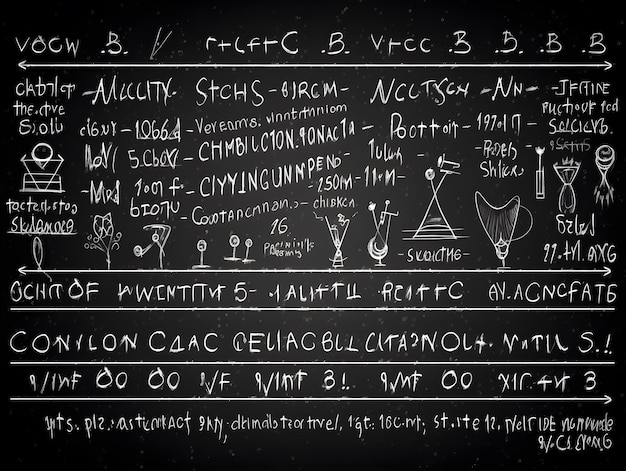 Une formule scientifique très occupée écrite à la craie sur un tableau noir.