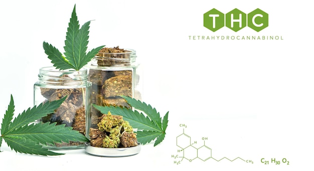 Formule de structure chimique du THC industrie du cannabis culture du chanvre entreprise pharmaceutique Constituants du CBD et du THC dans le cannabis et la santé médicale fond blanc
