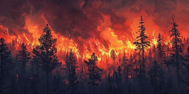 Un fort feu engloutit la forêt au crépuscule.