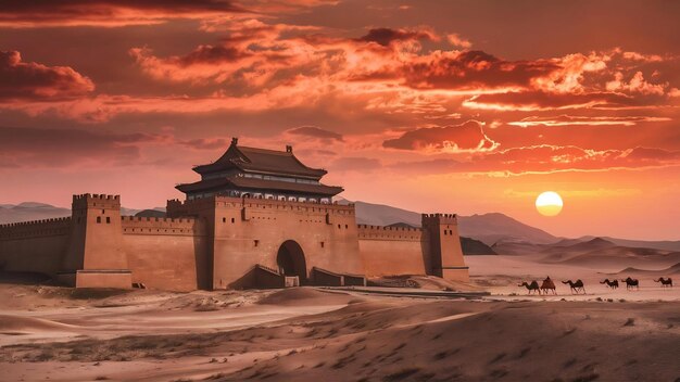 Photo la forteresse de jiayuguan à travers l'arc en chine