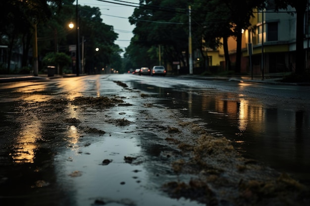 De fortes pluies s'accumulent sur la route en raison du temps orageux et du mauvais drainage.