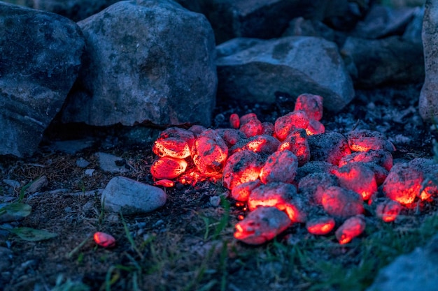 Fosse de barbecue avec briquettes de charbon de bois rougeoyantes et flamboyantes