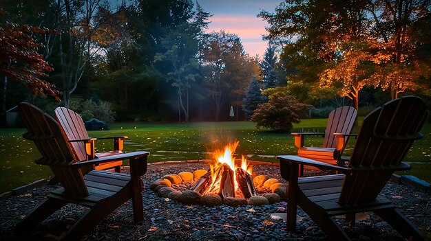 une fosse à feu avec un foyer et des chaises