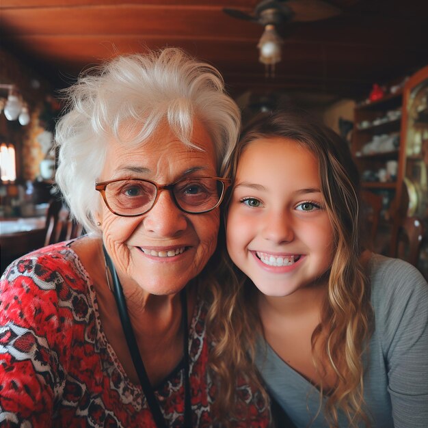 Photo foto abuela y nieta posando para foto generado por ia (la grand-mère et la petite-fille posant pour une photo générée par elle)