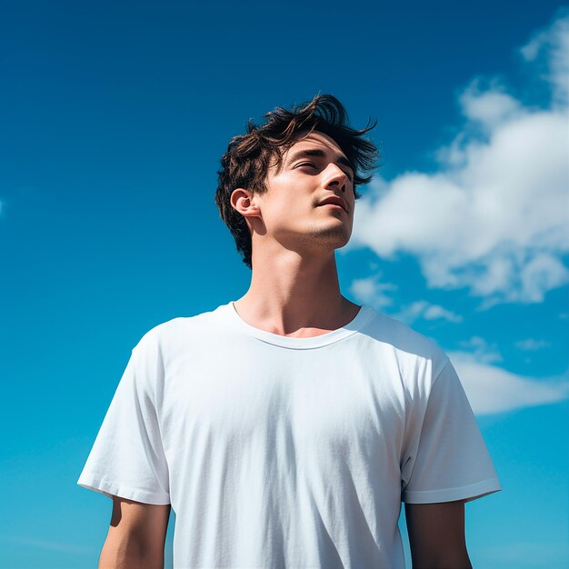 Foto Chico bonito con camiseta blanca mirando al cielo généré par ia