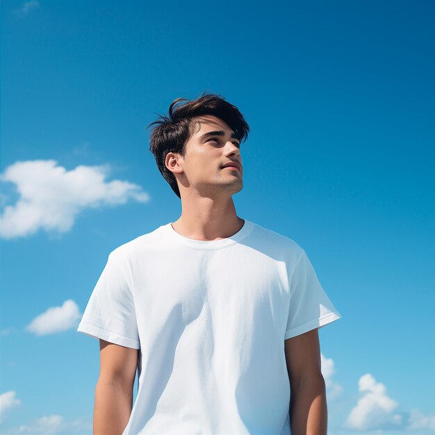 Foto Chico bonito con camiseta blanca mirando al cielo généré par ia