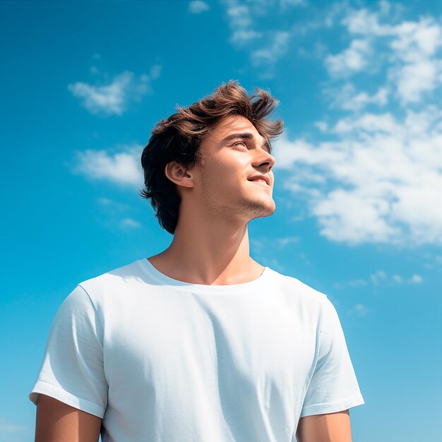 Photo foto chico bonito con camiseta blanca mirando al cielo généré par ia