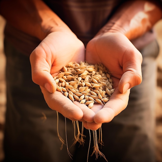 Foto manos sujetando unas semillas generado por ia (photo prise avec des graines générées par lui)