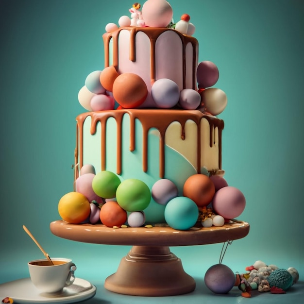 Fotografia de tarta de cumpleanos con varias velas encendidas y globos de fiesta de colores (Photo de tarte de cumpleanos avec plusieurs bougies allumées et globes de fête de couleurs)