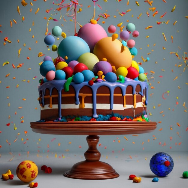 Fotografia de tarta de cumpleanos con varias velas encendidas y globos de fiesta de colores (Photo de tarte de cumpleanos avec plusieurs bougies allumées et globes de fête de couleurs)