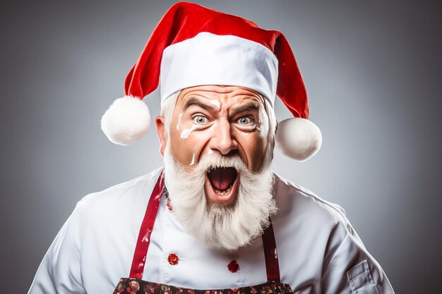 Photo fou, père noël, à, barbe, dans, chef, porter, cuisine