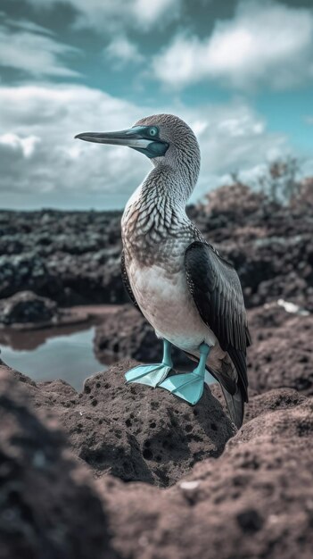 Un fou à pieds bleus est assis sur un rocher avec un ciel nuageux en arrière-plan Îles Galapagos Équateur