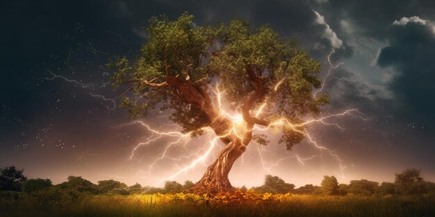Foudre dans un arbre orageux et catastrophe naturelle générée par l'IA