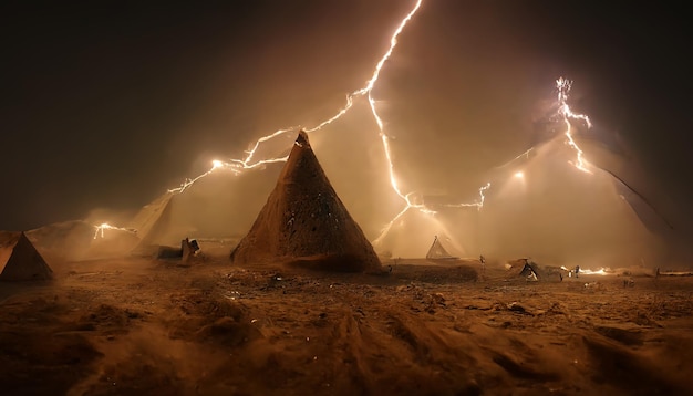Foudre dans le désert Paysage désertique nocturne avec éclairs et tempête de sable Paysage fantastique Illustration 3D