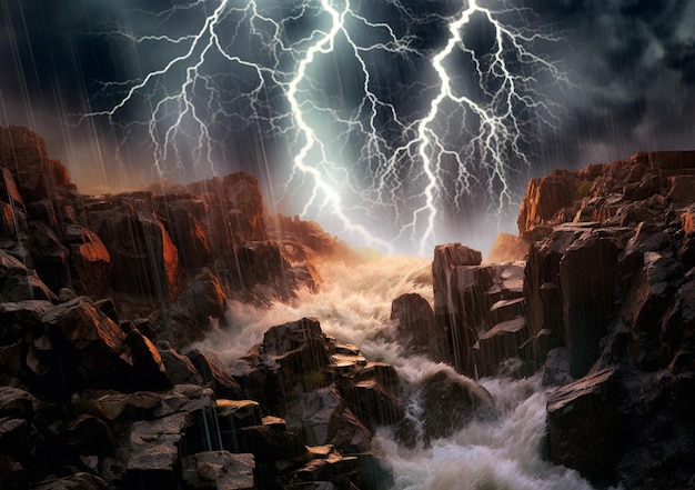 La foudre frappe sur une falaise rocheuse et une rivière dans une tempête générative ai