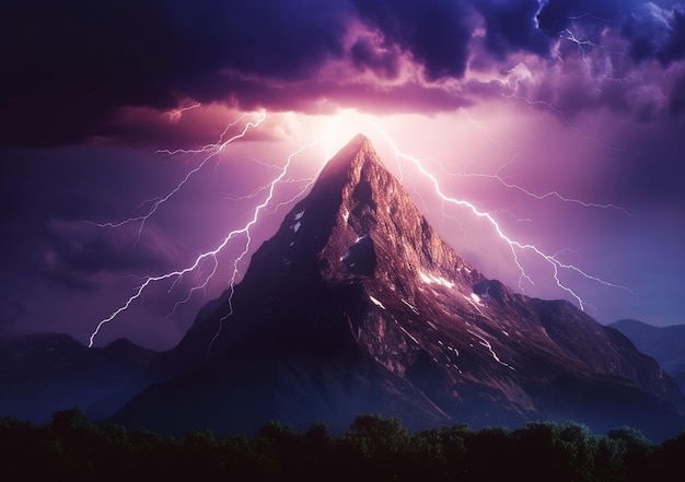 La foudre frappe sur une montagne avec un ciel violet et des nuages génératifs ai