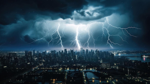 La foudre frappe un paysage urbain pendant une tempête