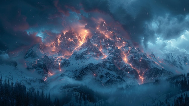 Photo la foudre frappe un sommet de montagne en arrière-plan