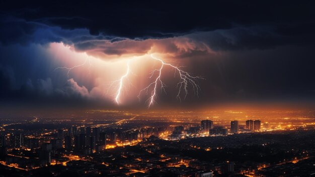 La foudre frappe une ville la nuit