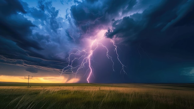 Une foudre à l'horizon pendant une tempête électrique dans les prairies.