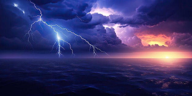 Foudre de pluie et orage en mer au crépuscule un spectacle captivant et impressionnant de la nature se fondant dans une harmonie magique AI Generative AI