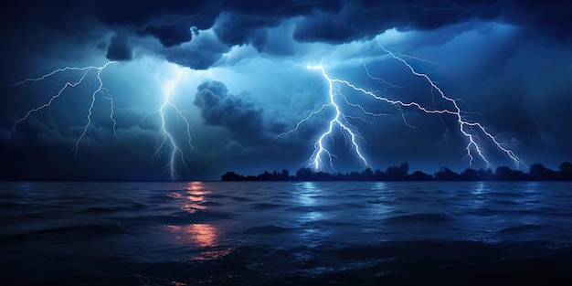 Foudre de pluie et orage en mer au crépuscule un spectacle captivant et impressionnant de la nature se fondant dans une harmonie magique AI Generative AI