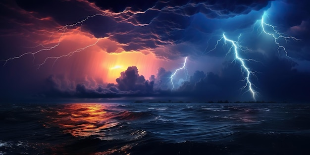 Foudre de pluie et orage en mer au crépuscule un spectacle captivant et impressionnant de la nature se fondant dans une harmonie magique AI Generative AI