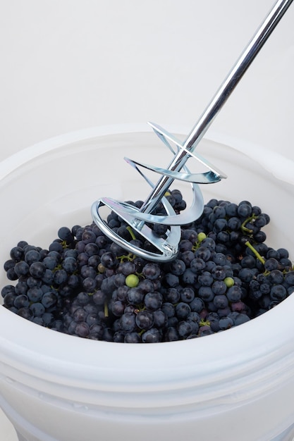 Fouetter les raisins bleu foncé avec un mélangeur dans un baril le processus de fabrication du vin fait maison