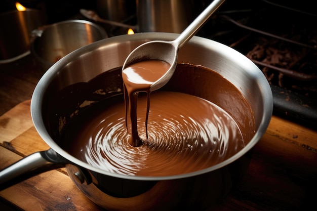 Fouetter en remuant le chocolat chaud dans une casserole