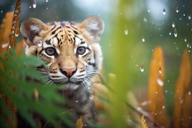 Fougères couvertes de rosée avec un tigre caché en toile de fond