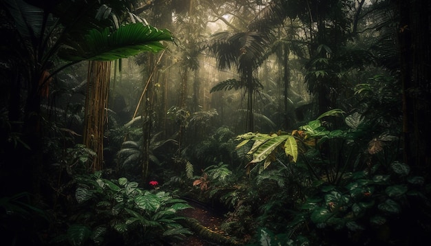 Les fougères de la forêt tropicale poussent sur des branches sombres et humides en Amazonie générées par l'IA