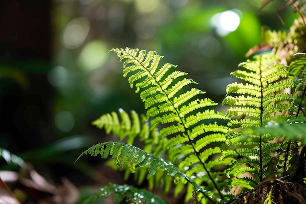 Les fougères laissent des feuilles vertes et des fleurs naturelles sur le fond de la forêt tropicale.