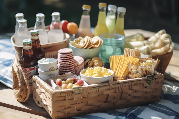 Fouillez dans un panier de pique-nique rempli de collations, de boissons et d'autres friandises créées avec une IA générative