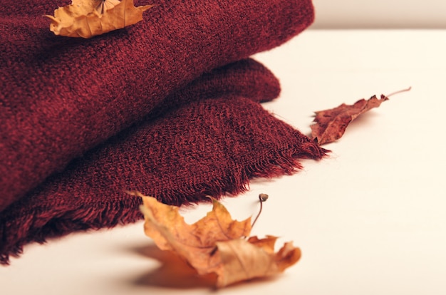 Foulard bordeaux plié sur fond blanc avec des feuilles d'automne