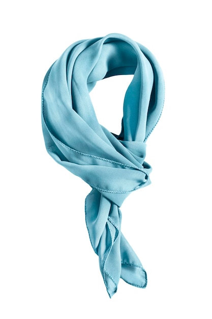 Photo foulard noué en soie bleu sur fond blanc